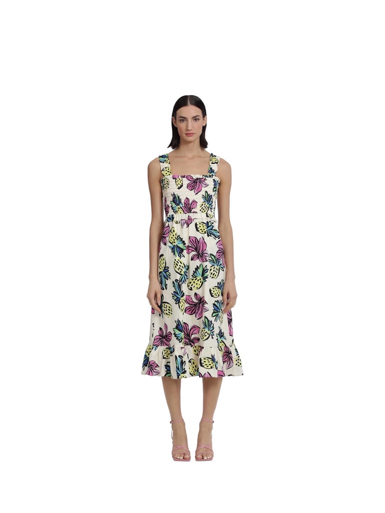 Donna Morgan Cream Midi Dress With Pink & Yellow Floral Print